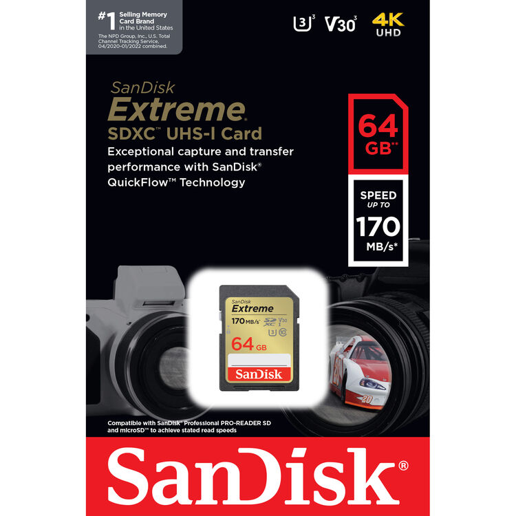 Карта памяти SDXC SanDisk Extreme 64GB UHS-I C10, U3, V30 (SDSDXV2-064G-GNCIN) R170/W80