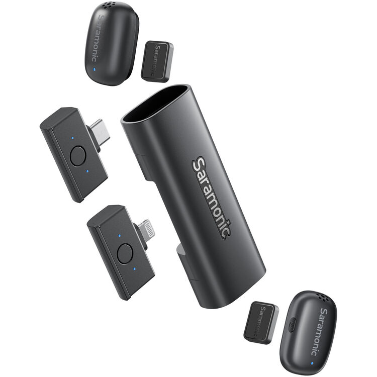 Комплект беспроводных микрофонов петличек Saramonic Air SE (1 приемник USB-C + 1 приемник Lightning  + 2 передатчика + переносной кейс-зарядка) для смартфонов, планшетов, компьютеров и других совместимых устройств