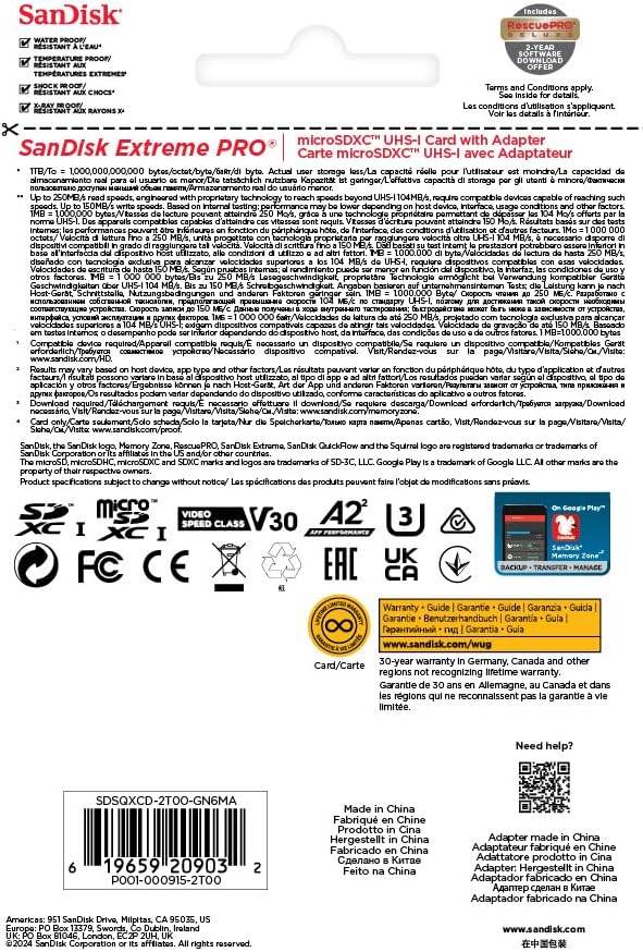 Карта памяти SDXC SanDisk Extreme Pro microSDXC™ 2TB UHS-I U3, A2, V30, 4K + SD Adapter (SDSQXCD-2T00-GN6MA) R250/W150