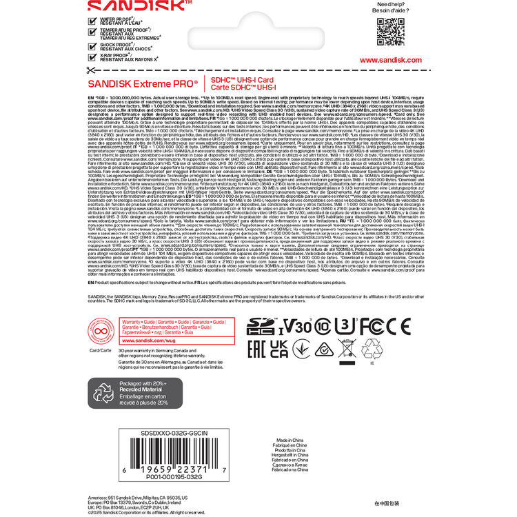 Карта памяти SDXC SanDisk Extreme Pro 32GB UHS-I, C10, U3, V30 (SDSDXXO-032G-GSCIN)  R100/W90