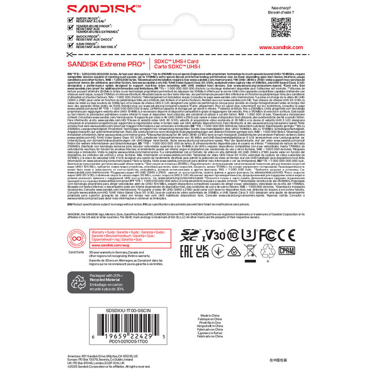 Карта памяти SDXC SanDisk Extreme Pro 1TB UHS-I, C10, U3, V30 (SDSDXXJ-1T00-GSCIN)  R250/W170