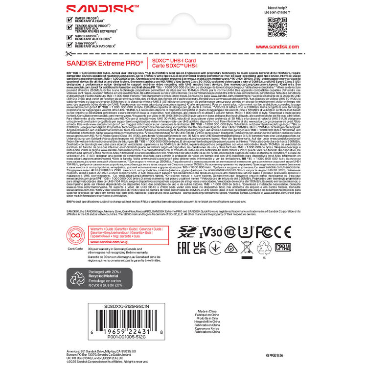Карта памяти SDXC SanDisk Extreme Pro 512GB UHS-I, C10, U3, V30 (SDSDXXJ-512G-GSCIN)  R250/W170
