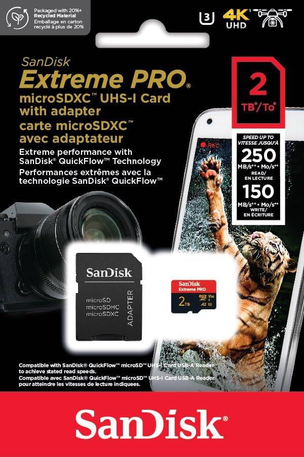 Карта памяти SDXC SanDisk Extreme Pro microSDXC™ 2TB UHS-I U3, A2, V30, 4K + SD Adapter (SDSQXCD-2T00-GN6MA) R250/W150