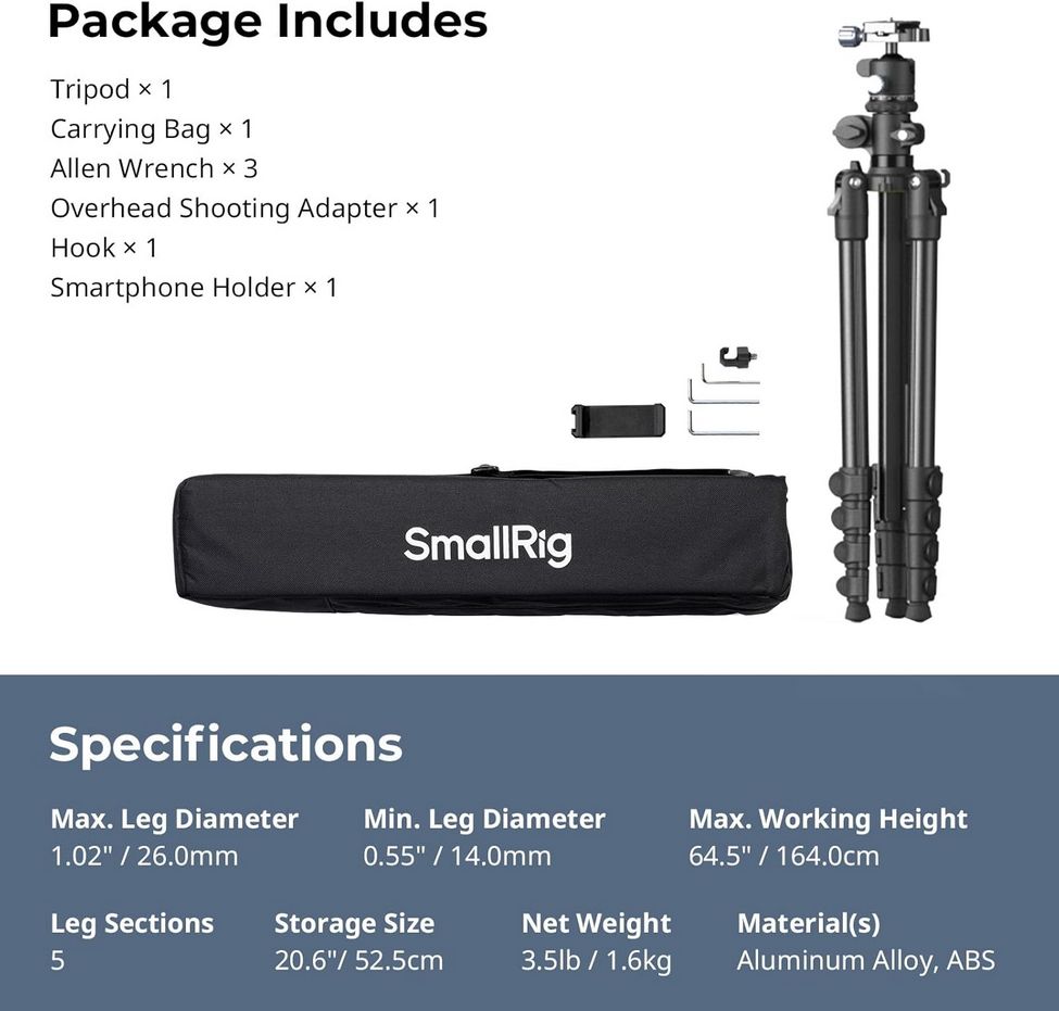 Штатив SmallRig CT-25 (5290) отлично подходит для съемки с верхнего ракурса