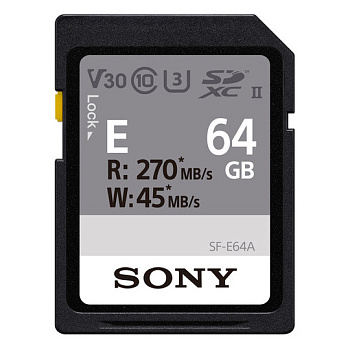 Карта памяти SDXC Sony SF-E Series 64Gb, UHS-II, V30, C10, U3 (SF-E64/T2 ET4) R270MB/S, W45MB/S