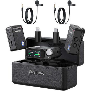 Комплект беспроводных микрофонов петличек Saramonic Ultra (приемник RX + 2 передатчика TX + зарядный кейс + 2 петличных микрофона) для ПК, ноутбука, iPhone/Andriod смартфонов, фото/видео камер и других совместимых устройств (Black)