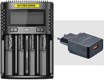 Интеллектуальное зарядное устройство со встроенным USB-micro портом NITECORE UMS4 (для Ni-MH / Ni-Cd / Li-Ion / IMR / LiFePO4) 4 канала, до 3А на один канал + Сетевой USB-адаптер QC 3.0 (3A)
