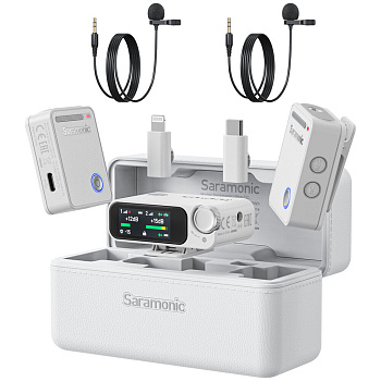 Комплект беспроводных микрофонов петличек Saramonic Ultra (приемник RX + 2 передатчика TX + зарядный кейс + 2 петличных микрофона) для ПК, ноутбука, iPhone/Andriod смартфонов, фото/видео камер и других совместимых устройств (White)