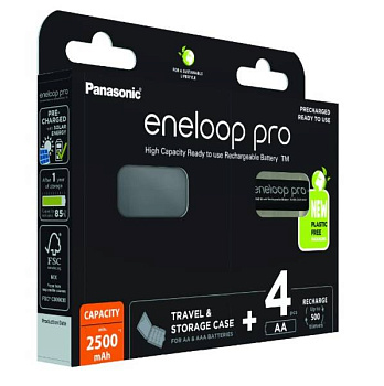 Комплект из 4-х аккумуляторов АА 2500 mAh Panasonic Eneloop Pro + кейс в подарок (BK-3HCDEC4BE)