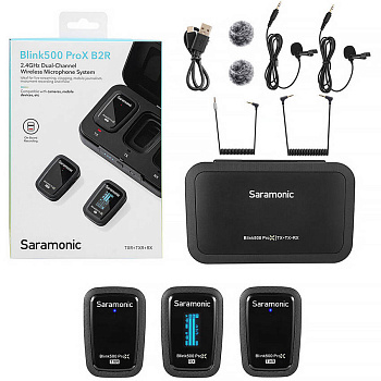 Профессиональный комплект беспроводных микрофонов петличек Saramonic Blink500 ProX B2R (1 приемник RX + 2 передатчика TXR + переносной кейс-зарядка) для фотокамер, смартфонов, компьютеров и других совместимых устройств