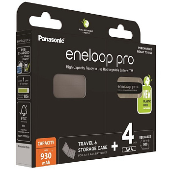 Комплект из 4-х аккумуляторов ААA 930 mAh Panasonic Eneloop Pro + кейс в подарок (BK-3HCDEC4BE)