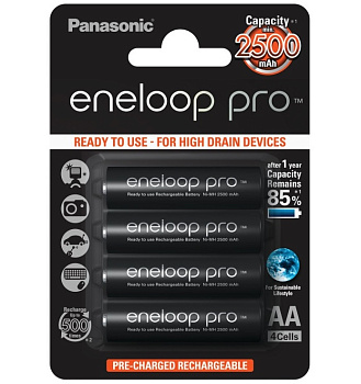 Комплект из 4-х аккумуляторов АА 2500 mAh Panasonic Eneloop Pro (BK-3HCDE/4BE) блистер