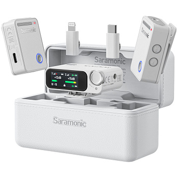Комплект беспроводных микрофонов петличек Saramonic Ultra (приемник RX + 2 передатчика TX + зарядный кейс) для ПК, ноутбука, iPhone/Andriod смартфонов, фото/видео камер и других совместимых устройств (White)